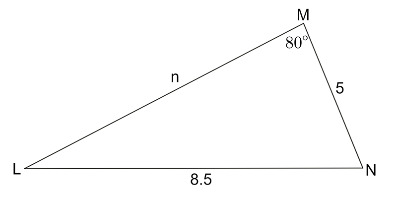 a triangle with sides l, m and n opposite to angles, capital L, capital M and capital N respectively. Side l is 5 and the side m is 8.5, angle M is 80