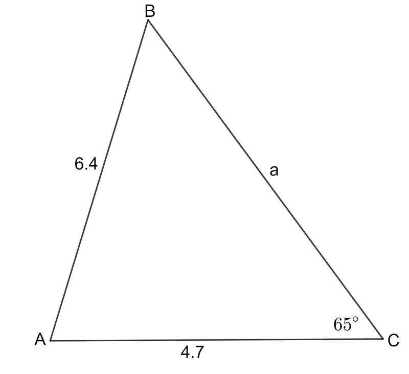 a triangle with sides a, b and c opposite to angles, capital A, capital B and capital C respectively. Side b is 4.7, side c is 6.4, angle C is 65