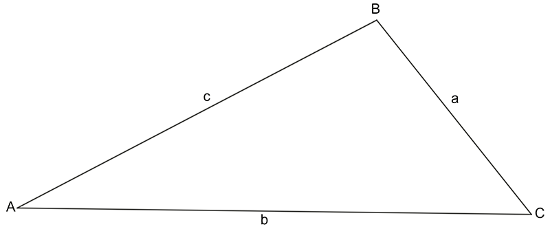 A non right angled triangle with internal angles A, B and C. The sides opposite these angles are labelled a, b and c respectively.