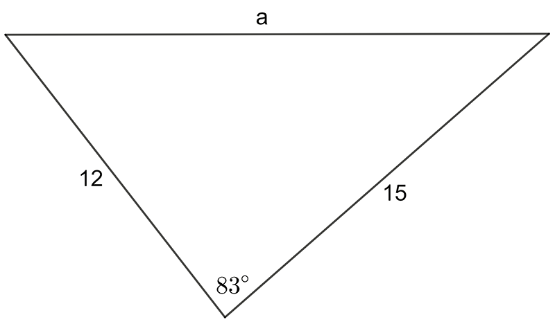 Triangle with internal angle of 83 degrees opposite side a. Length of side on left is 12 and length of side on right is 15.