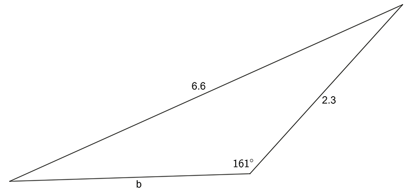 Triangle with internal angle of 161 degrees. Length of side opposite this angle is 6.6. Other sides are of length b and 2.3.