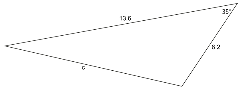 Triangle with internal angle of 35 degrees. Side opposite this angle is c. Top side length is 13.6. Length of remaining side is 8.2.