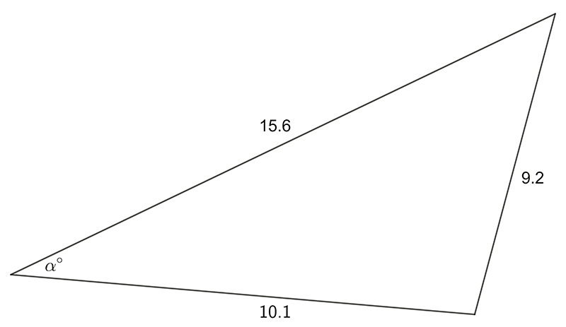 Triangle with internal angle of alpha degrees. Opposite side is of length 9.2. Top side is of length 15.6. Bottom side is of length 10.1.