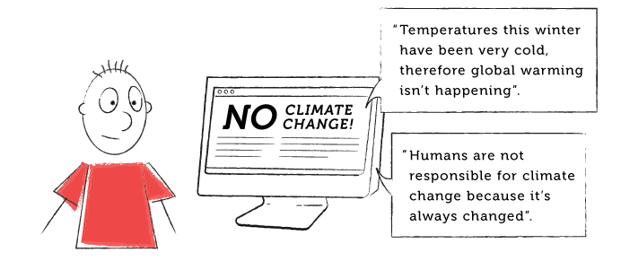 A man is reading news about 'No Climate Change!', and some quotes pop out such as 'temperatures this winter have been very cold, therefore global warming isn't happening.','humans are not responsible for climate change because it's always changed.' 